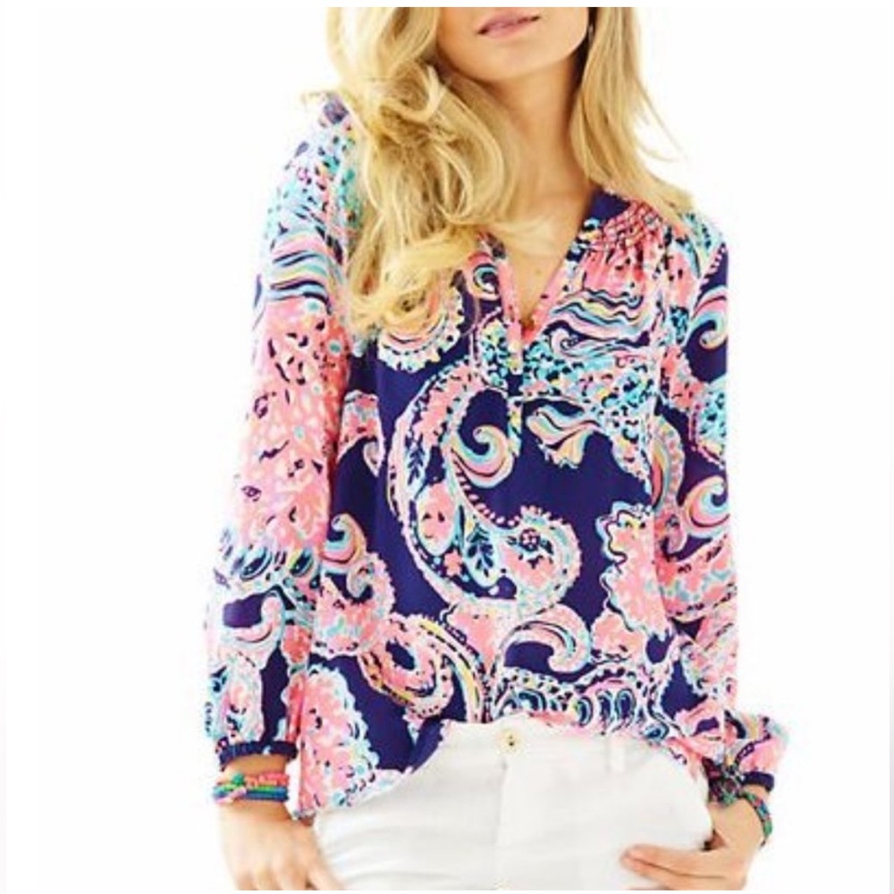 Lilly Pulitzer Elsa 100% silk top in the "For The Halibut" paisley print